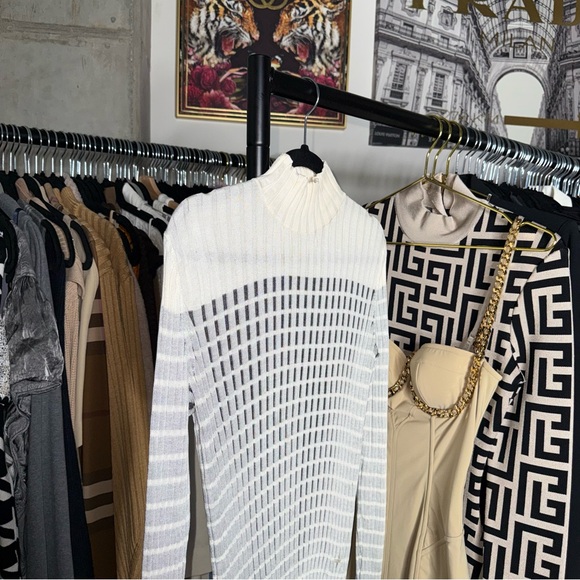 Akris Cream Sheer Grid Mulberry Silk Turtleneck Ribbed Knit Top Womens US 8 EUC - Picture 4 of 12